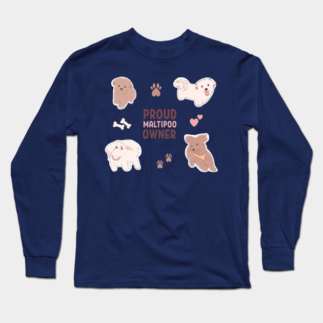 Cute Maltipoo Dog Bone Treat Fluffy Dogs Long Sleeve T-Shirt by yellowpomelo